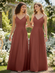 Robe Longue Simple en Mousseline à Col en V Et Bretelles Spaghetti terracotta