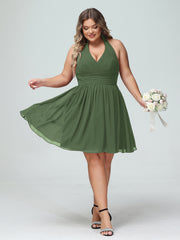 Licou Col en V Mousseline Robe Demoiselle d'honneures Courtes Olive Verte Grande Taille