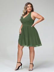 Licou Col en V Mousseline Robe Demoiselle d'honneures Courtes Olive Verte Grande Taille