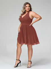 Licou Col en V Mousseline Robe Demoiselle d'honneures Courtes terracotta Grande Taille