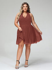 Licou Col en V Mousseline Robe Demoiselle d'honneures Courtes terracotta Grande Taille