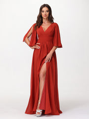 Profond Col En V Mousseline Robes Avec Fente Rouille Grande Taille