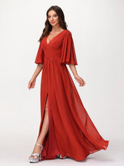 Profond Col En V Mousseline Robes Avec Fente Rouille