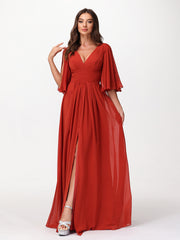 Profond Col En V Mousseline Robes Avec Fente Rouille Grande Taille