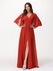 Profond Col En V Mousseline Robes Avec Fente Rouille Grande Taille