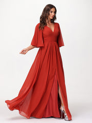 Profond Col En V Mousseline Robes Avec Fente Rouille Grande Taille