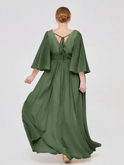 Profond Col En V Mousseline Robes Avec Fente Olive Verte Grande Taille