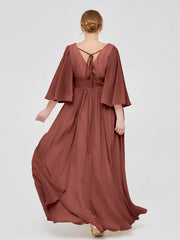 Profond Col En V Mousseline Robes Avec Fente terracotta Grande Taille
