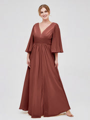 Profond Col En V Mousseline Robes Avec Fente terracotta Grande Taille