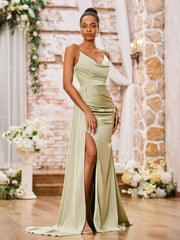 Robe Fourreau Sexy en Satin Doux à Bretelles Spaghetti avec Fente Sauge Poudrée