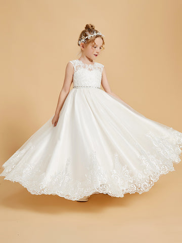 Jolies robes de demoiselle d'honneur en satin avec appliques en dentelle pour enfants robe de soirée de concours de princesse