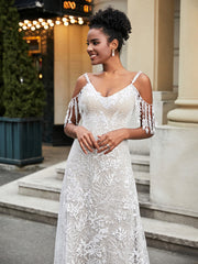 Robe de Mariée en Dentelle Appliquée en A-ligne avec Traîne Balayage Blanc