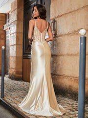 Robe de Soirée Fourreau à Col en V en Satin avec Traîne Balayage Champagne Grande Taille