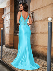 Robe de Soirée Fourreau à Col en V en Satin avec Traîne Balayage Jade Grande Taille