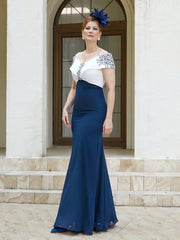 Robe Fourreau Appliquée Longueur au Sol Bleu Marine Clair