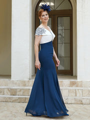 Robe Fourreau Appliquée Longueur au Sol Bleu Marine Clair