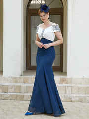 Robe Fourreau Appliquée Longueur au Sol Bleu Marine Clair