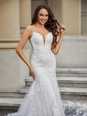 Robe de Mariée Sirène en Dentelle avec Taîne Chapelle Blanc