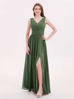 Robe Col en V Mousseline et Dentelle avec Fente Olive Verte