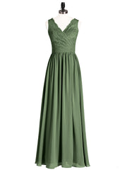 Robe Col en V Mousseline et Dentelle avec Fente Olive Verte Grande Taille
