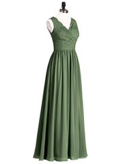 Robe Col en V Mousseline et Dentelle avec Fente Olive Verte