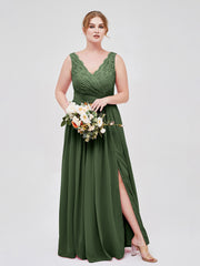 Robe Col en V Mousseline et Dentelle avec Fente Olive Verte Grande Taille