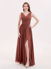 Robe Col en V Mousseline et Dentelle avec Fente terracotta