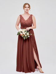 Robe Col en V Mousseline et Dentelle avec Fente terracotta Grande Taille