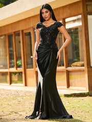 Robe de Soirée Sirène à Col en V en Satin avec Traîne Balayage Noir