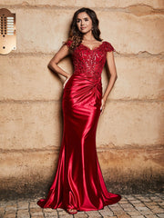 Robe de Soirée Sirène à Col en V en Satin avec Traîne Balayage Bordeaux