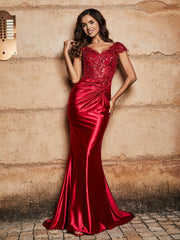 Robe de Soirée Sirène à Col en V en Satin avec Traîne Balayage Bordeaux