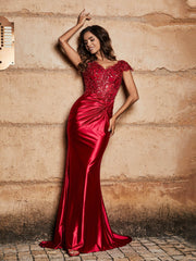 Robe de Soirée Sirène à Col en V en Satin avec Traîne Balayage Bordeaux