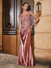 Robe de Soirée Sirène à Col en V en Satin avec Traîne Balayage Rose Poudré Grande Taille