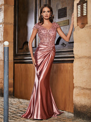 Robe de Soirée Sirène à Col en V en Satin avec Traîne Balayage Rose Poudré Grande Taille
