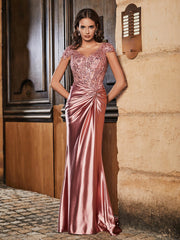 Robe de Soirée Sirène à Col en V en Satin avec Traîne Balayage Rose Poudré Grande Taille