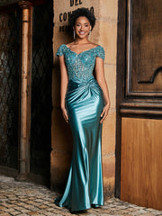 Robe de Soirée Sirène à Col en V en Satin avec Traîne Balayage Jade