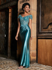 Robe de Soirée Sirène à Col en V en Satin avec Traîne Balayage Jade Grande Taille