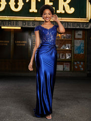 Robe de Soirée Sirène à Col en V en Satin avec Traîne Balayage Bleu Royale Grande Taille