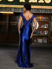 Robe de Soirée Sirène à Col en V en Satin avec Traîne Balayage Bleu Royale Grande Taille