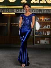 Robe de Soirée Sirène à Col en V en Satin avec Traîne Balayage Bleu Royale Grande Taille