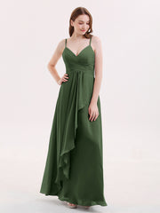 Mousseline Robe Demoiselle d'honneures avec Jupe Cascade Olive Verte Grande Taille