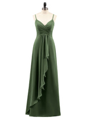 Mousseline Robe Demoiselle d'honneures avec Jupe Cascade Olive Verte