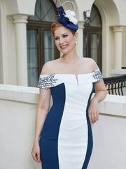 Robe Fourreau Longueur de Mollet Appliquée Bleu Marine Clair