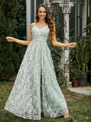 Robe Appliquée Florale à Col en V avec Fente Jonquille Grande Taille