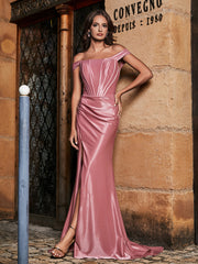 Robe de Soirée à Hors de l'Épaule en Polyester avec Traîne Balayage Rose Poudré Grande Taille