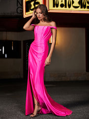 Robe de Soirée à Hors de l'Épaule en Polyester avec Traîne Balayage Rose Vif Grande Taille
