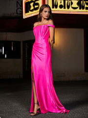 Robe de Soirée à Hors de l'Épaule en Polyester avec Traîne Balayage Rose Vif Grande Taille