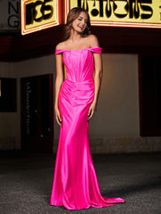 Robe de Soirée à Hors de l'Épaule en Polyester avec Traîne Balayage Rose Vif Grande Taille