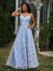 Robe Florale en A-ligne Appliquée en Dentelle à Col en V Corail
