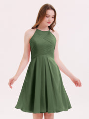 Short Mousseline Robe Demoiselle d'honneur avec Poche Olive Verte Grande Taille
